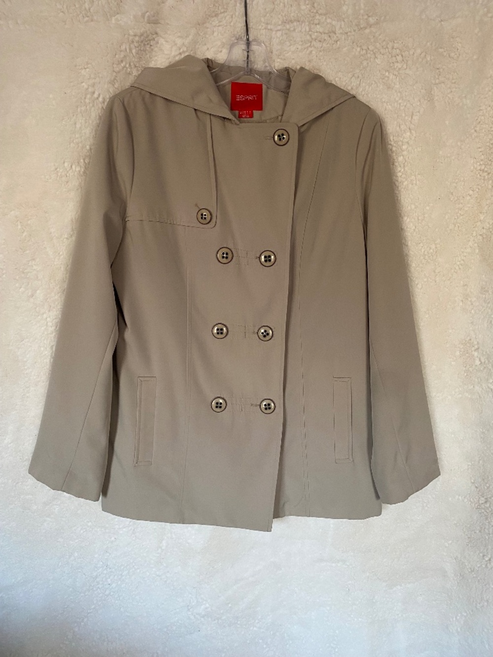 Esprit Trench Coat with Hood, Short Length, color Khaki - size medium